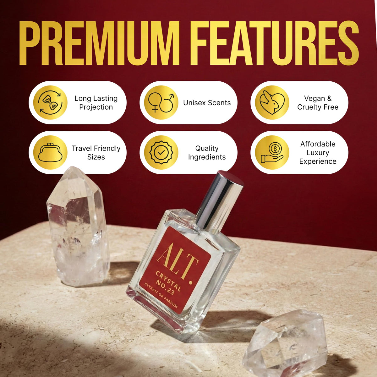 Vue de côté du flacon de parfum Crystal No. 23 ALT. FRAGRANCES