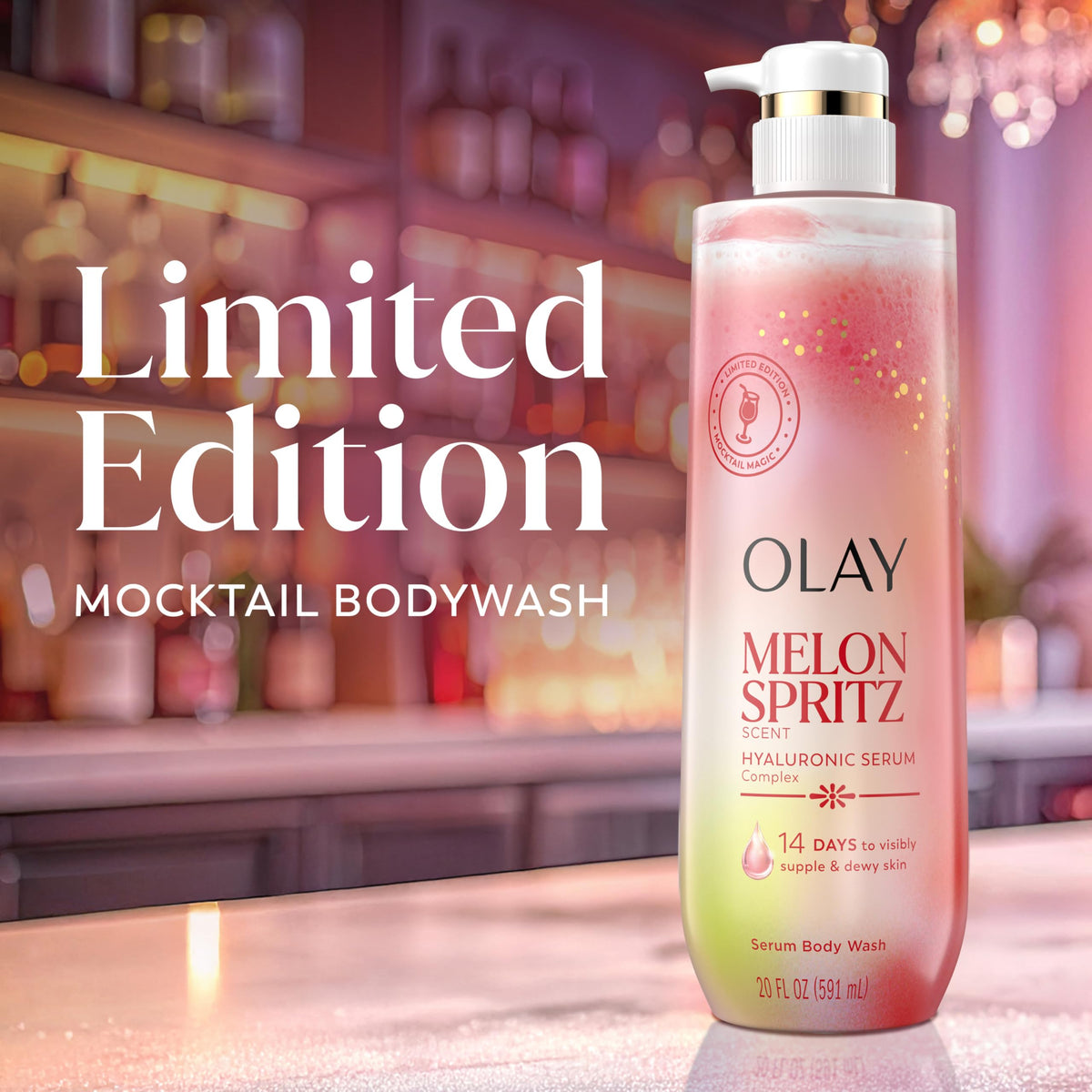 Vue de dos du flacon de gel douche Olay Melon Spritz