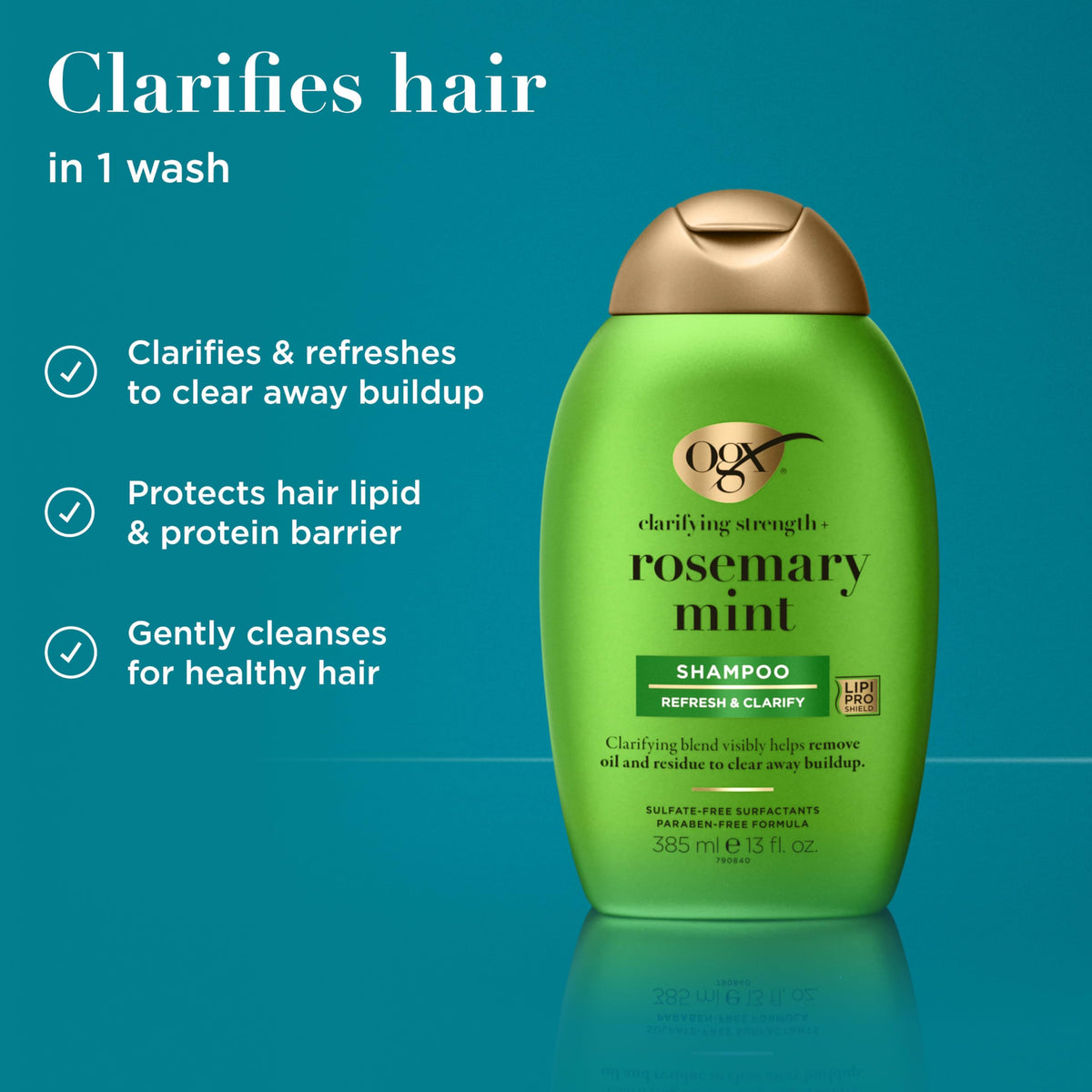 Vue de dos du flacon de shampooing OGX Clarifiant avec informations nutritionnelles