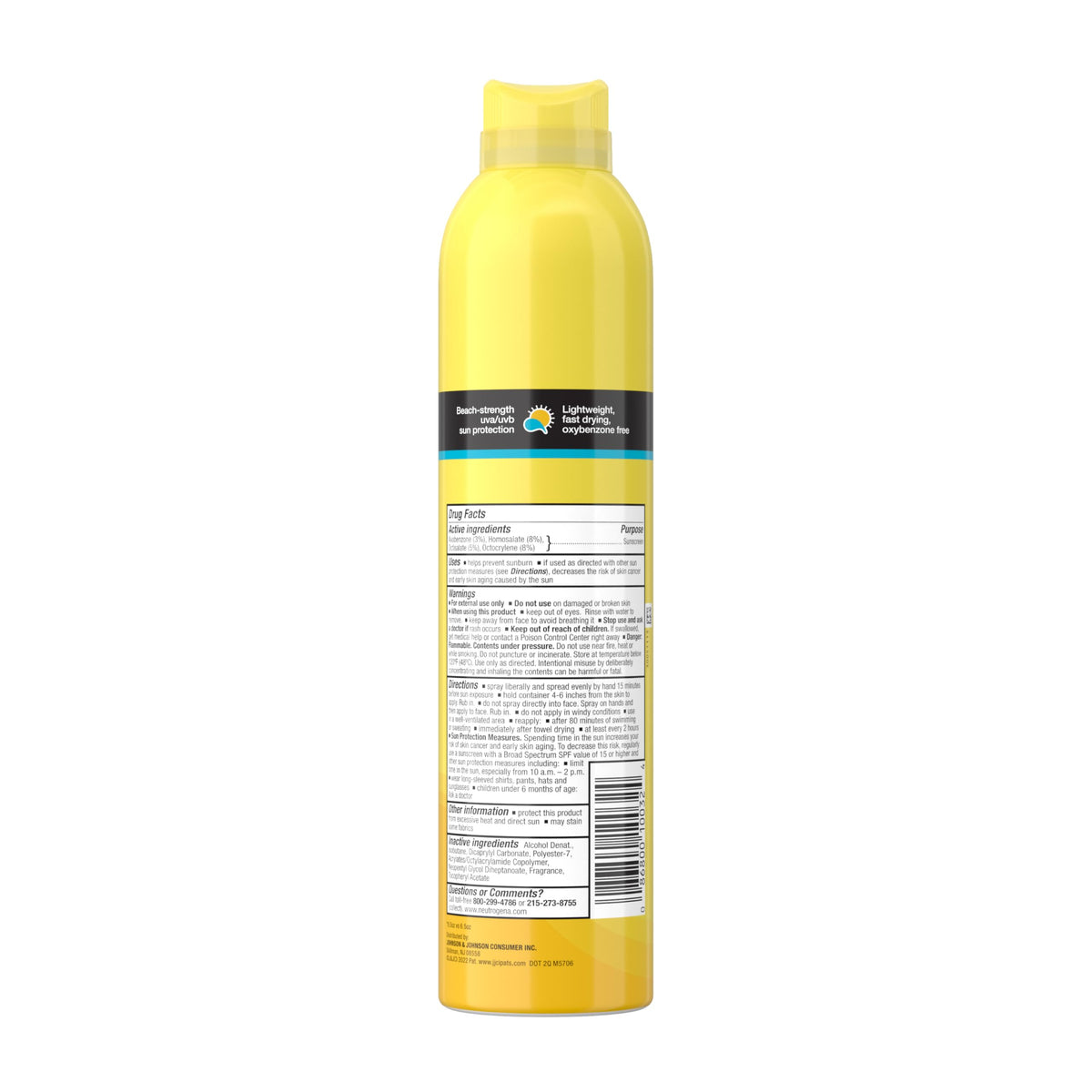 Vue de dos du flacon de spray solaire Neutrogena Beach Defense