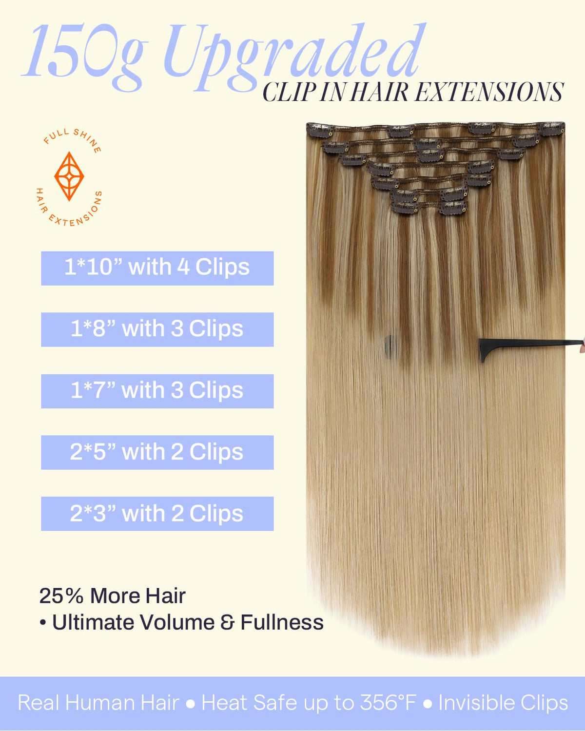 Vue de face des extensions cheveux clip-in Full Shine avec 7 pièces