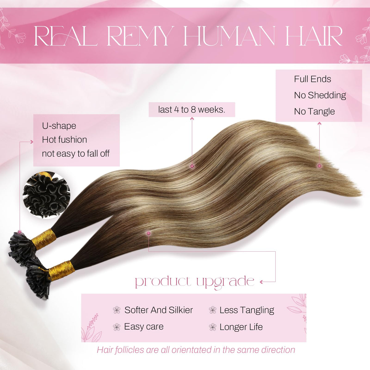 Vue de l'arrière des extensions Moresoo K Tip en cheveux humains