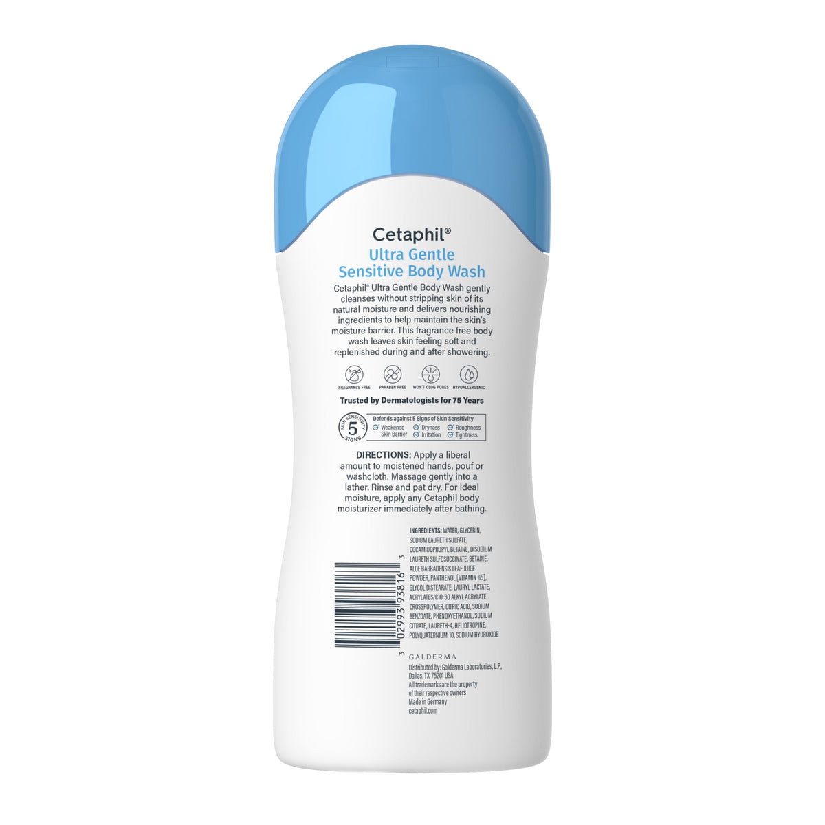 Vue de l'arrière du flacon de gel douche Cetaphil