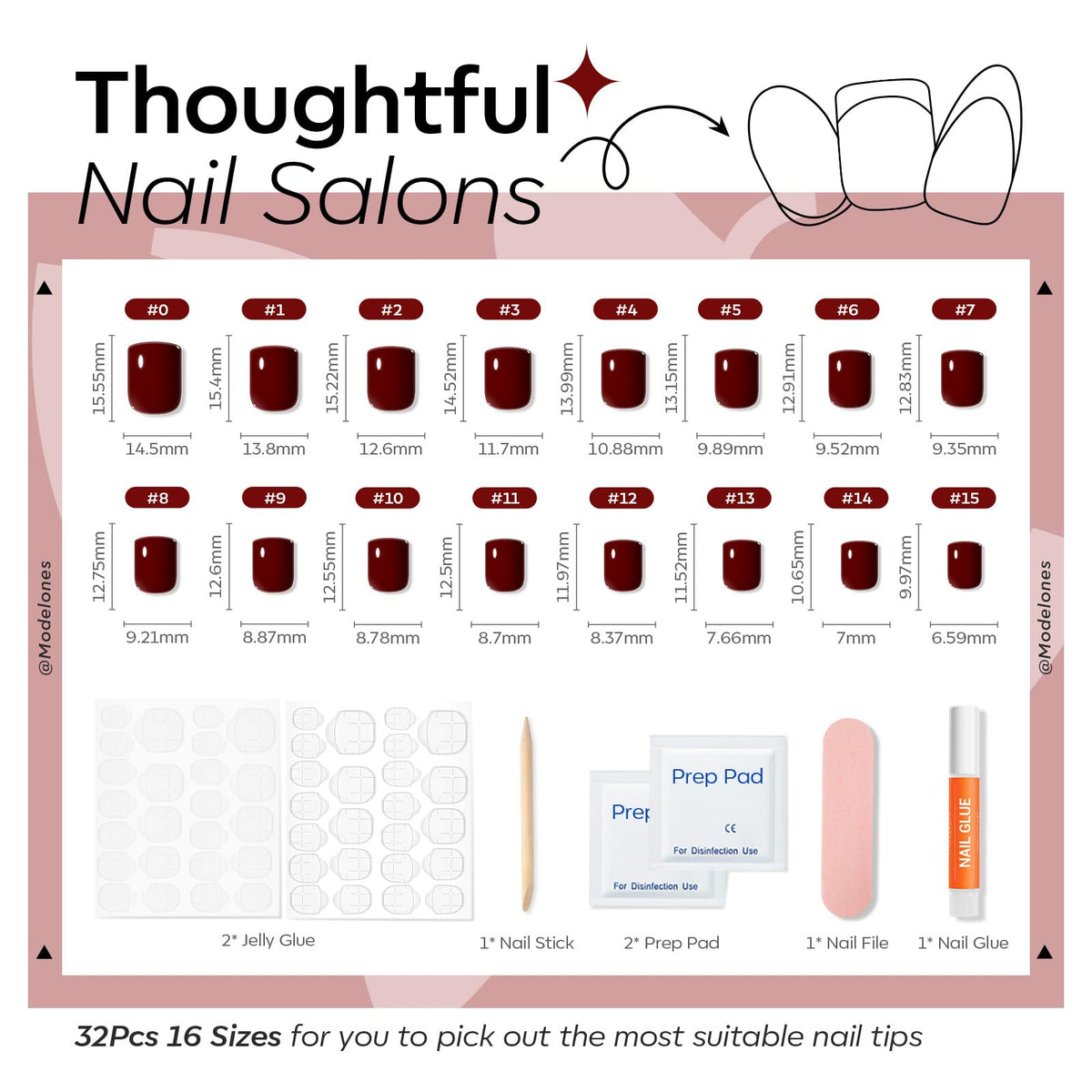Vue de l'ensemble des faux ongles press-on modelones avec pastilles adhésives