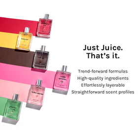Vue de l'ensemble des parfums Just Juice dans un cadre harmonieux