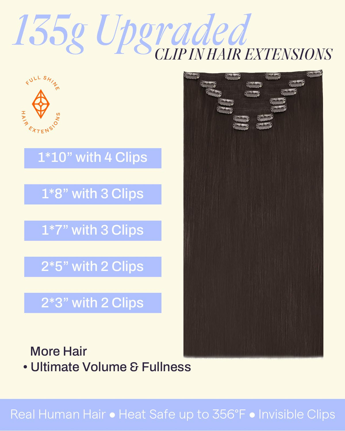 Vue de l'extension de cheveux marron foncé 135g avec clips