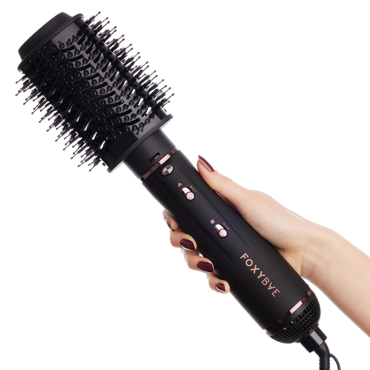 Vue de la brosse à séchage FoxyBae Super Styler en noir et or rose