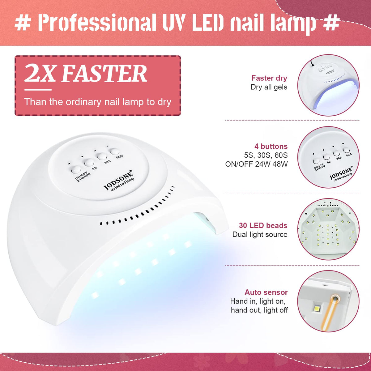 Vue de la lampe à ongles JODSONE avec écran LED et modes de durcissement
