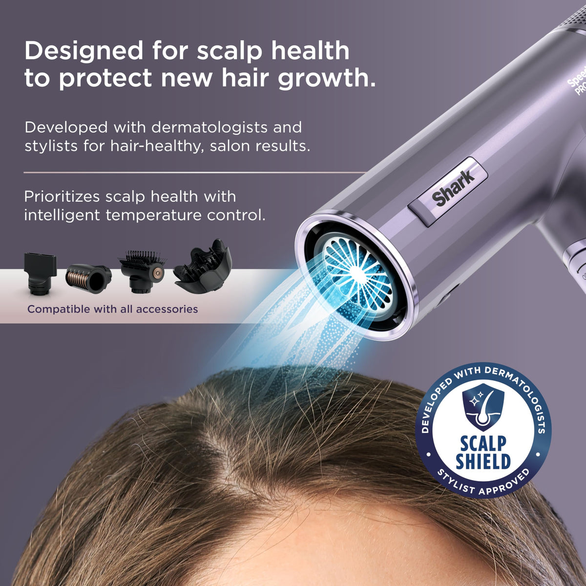 Vue de près du mode Scalp Shield du sèche-cheveux Shark