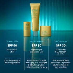 Vue de près du tube de TULA Protect + Glow Écran Solaire SPF 30