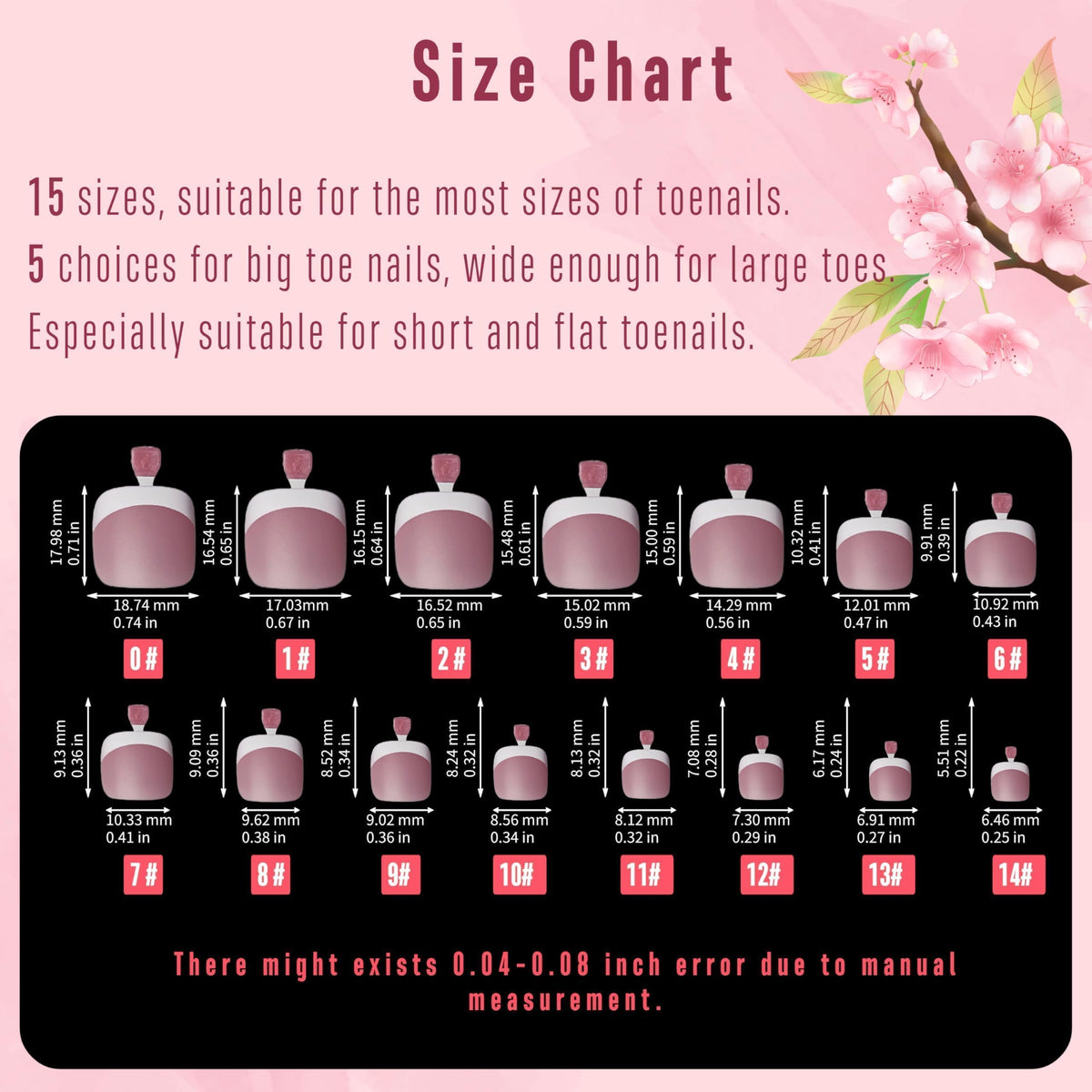 Vue des différentes tailles de tips d'ongles BERRY PINK