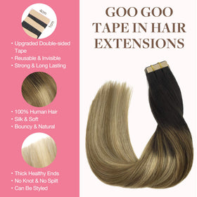 Vue des extensions de cheveux GOO GOO avec ruban adhésif invisible