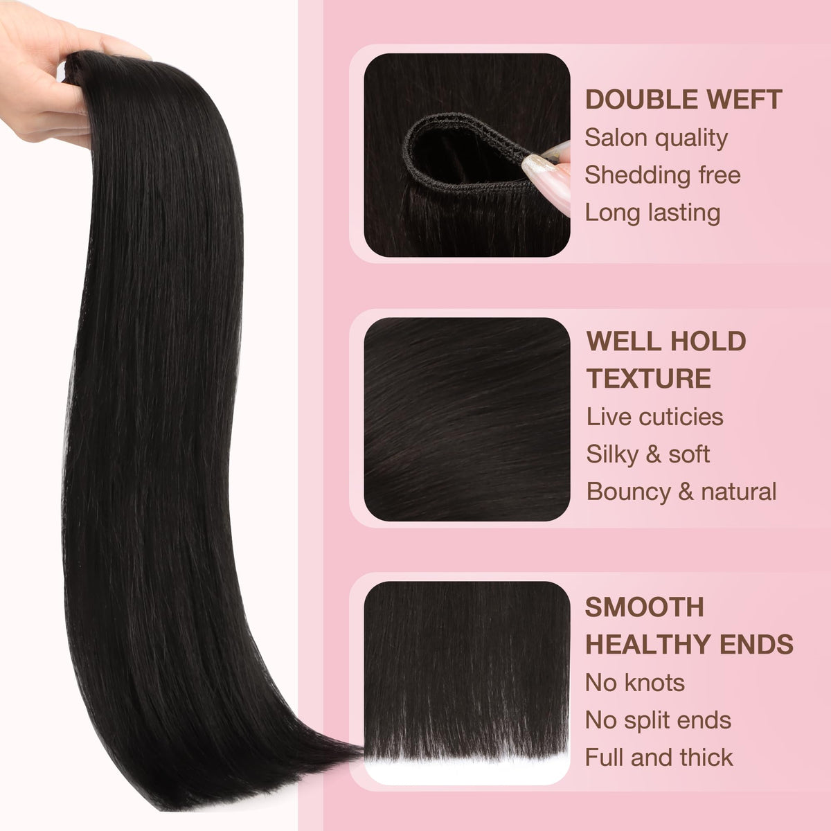 Vue des extensions de cheveux GOO GOO positionnées sur un plan de travail