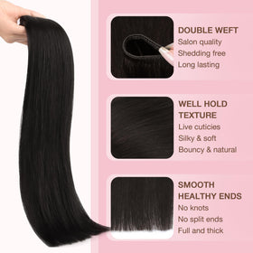 Vue des extensions de cheveux GOO GOO positionnées sur un plan de travail