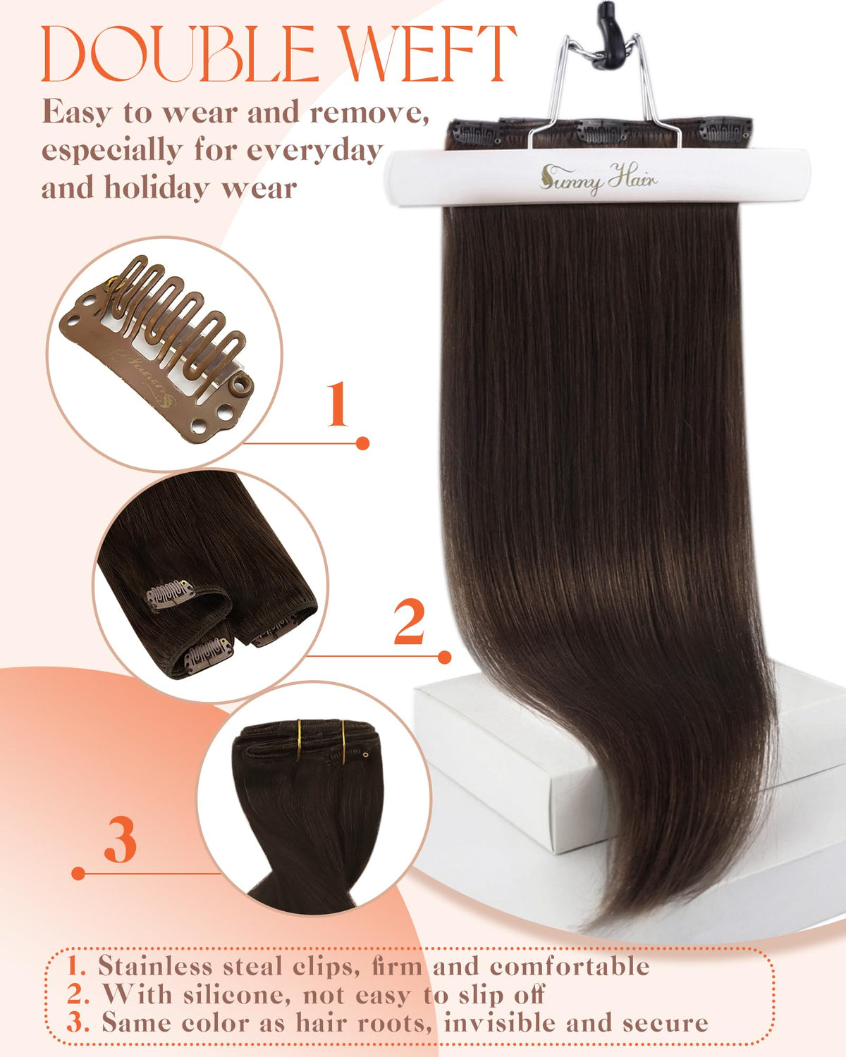 Vue des extensions de cheveux Sunny Hair sur un support