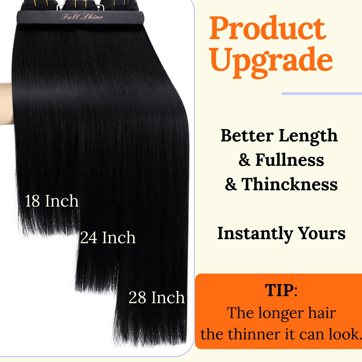 Vue des extensions Full Shine sur un support, démontrant la couleur noire