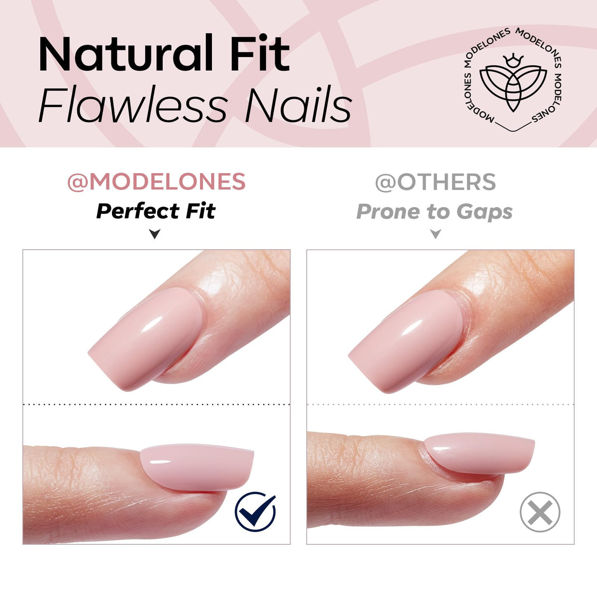 Vue des faux ongles Modelones sur une main, style tendance