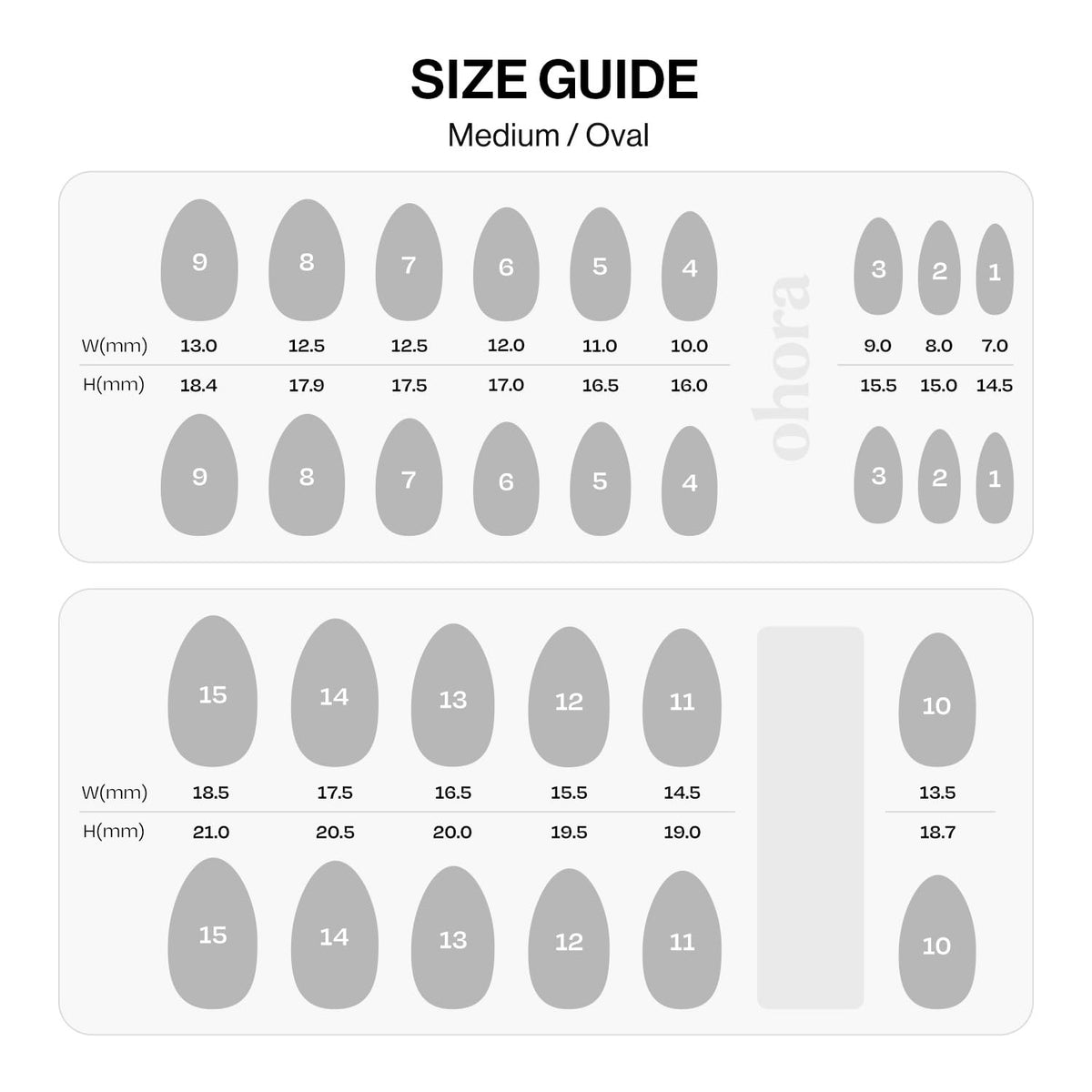 Vue des ongles pressés en gel ohora avec plusieurs tailles