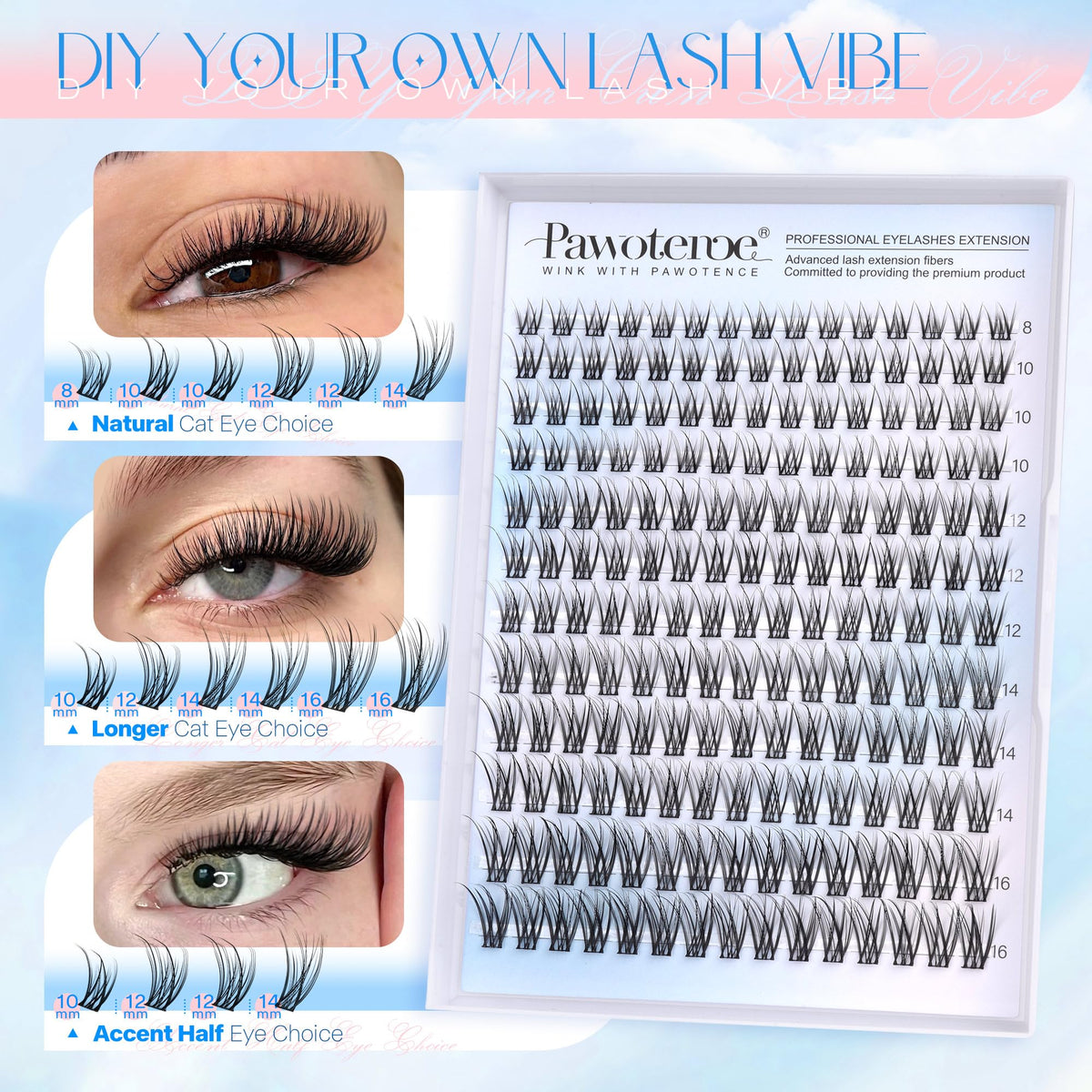 Vue détaillée des cils en clusters Pawotence