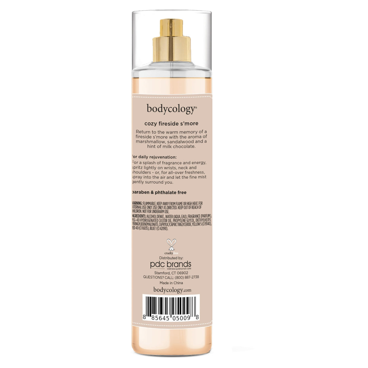 Vue du flacon de brume parfumée Bodycology Cozy Fireside S'more sur fond neutre