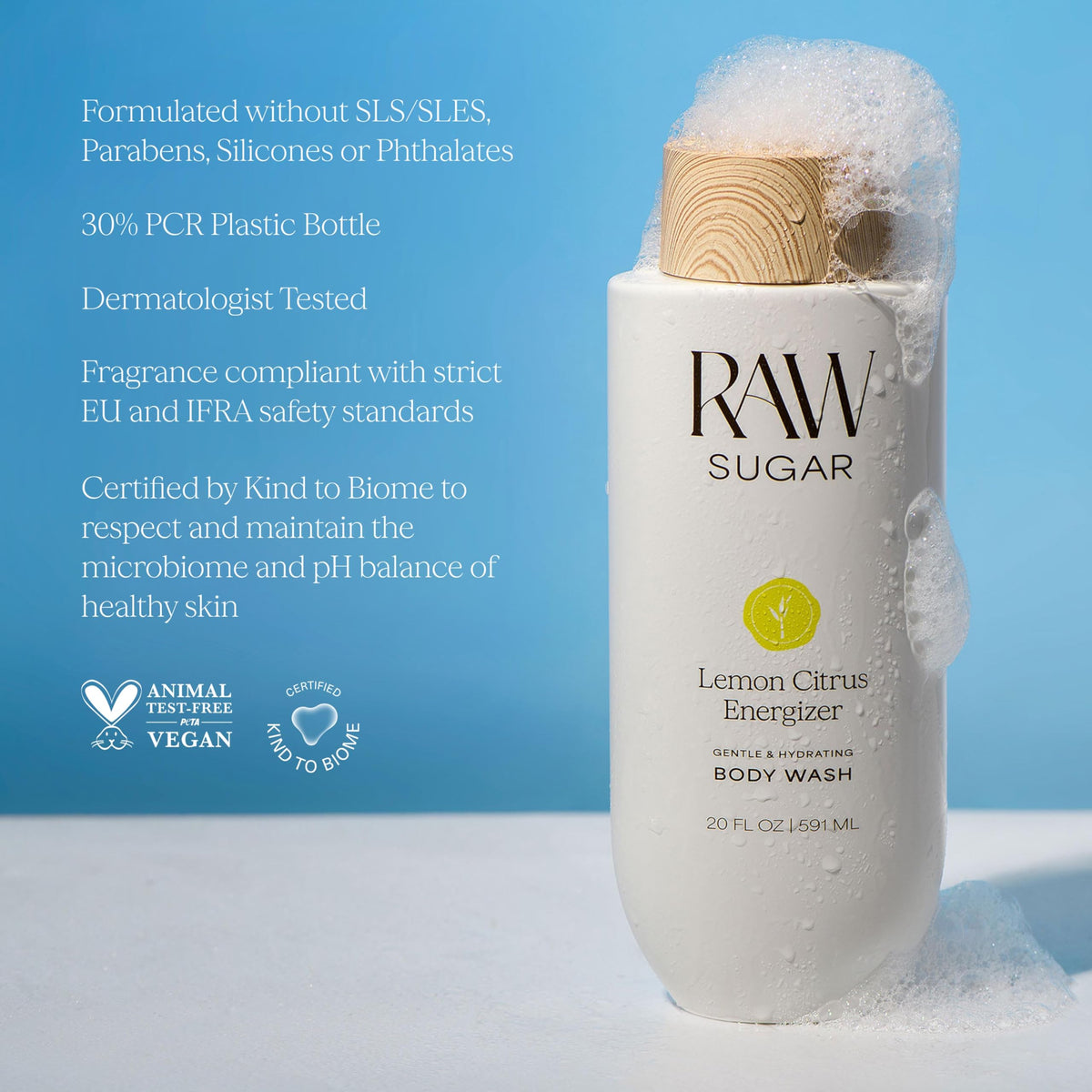 Vue du flacon de gel douche RAW SUGAR 20 Fl Oz