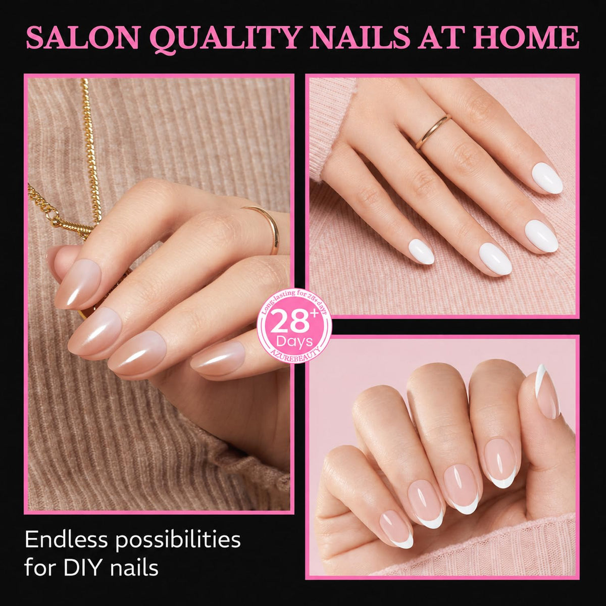 Vue du kit de tips d'ongles amandes AZUREBEAUTY avec accessoires