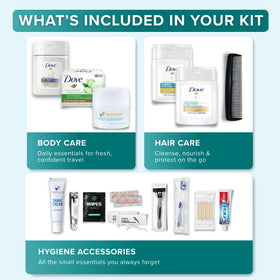 Vue du kit TREKTOTE avec lingettes, savon et déodorant