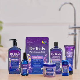 Vue du produit Dr Teal's sur une table de salle de bain