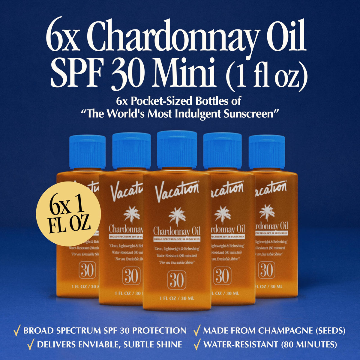 Vue frontale de plusieurs flacons d'huile solaire Mini Chardonnay SPF 30