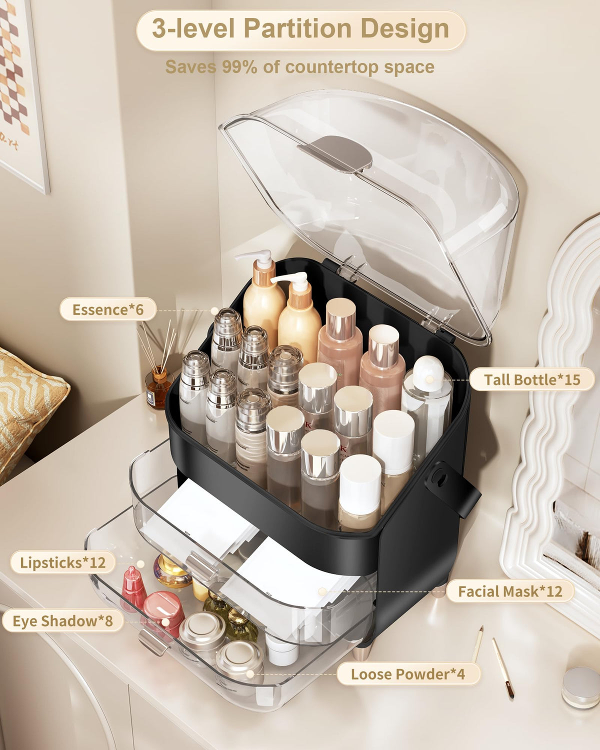Vue latérale de l'organisateur de maquillage Anylady