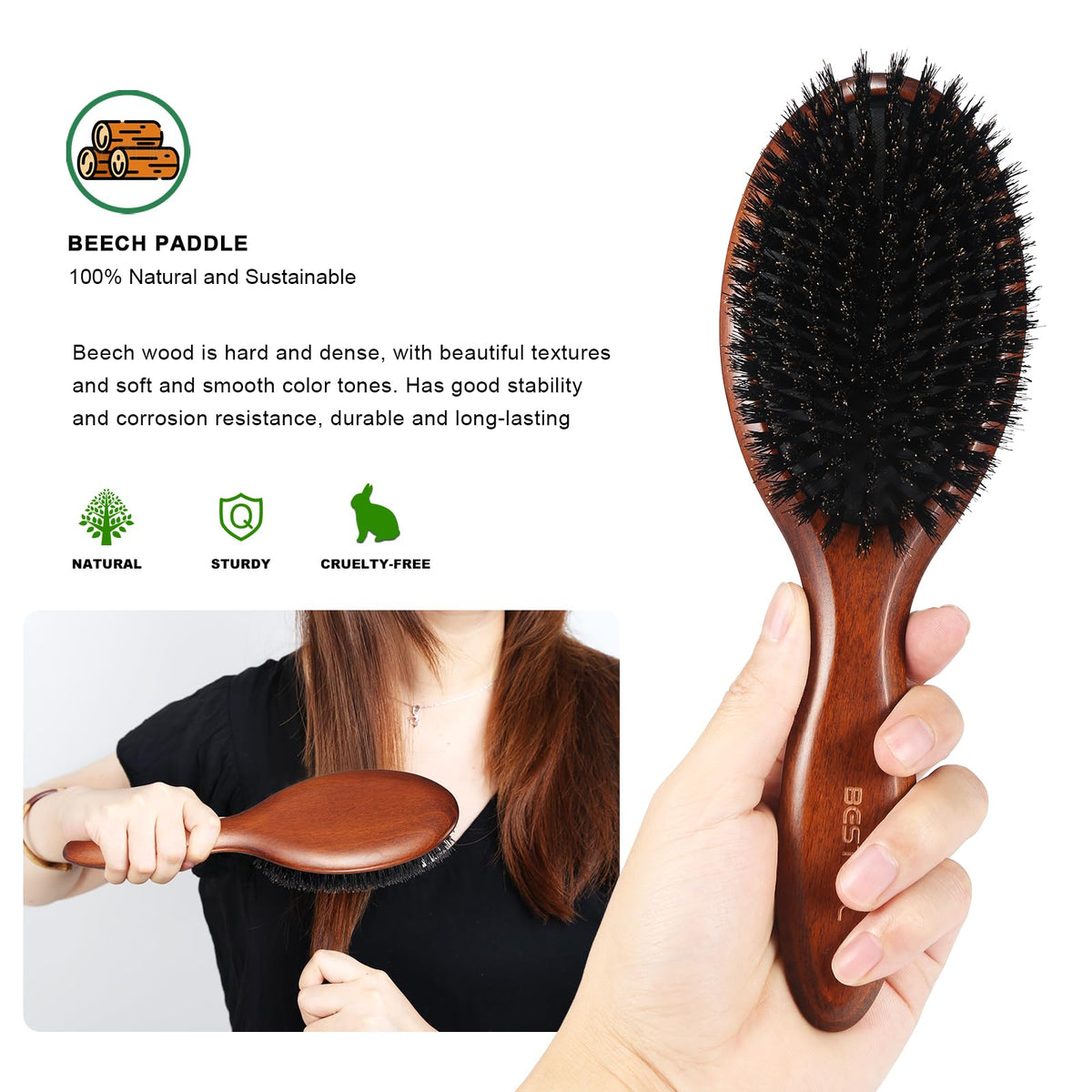 Vue latérale de la brosse BESTOOL en bois de hêtre