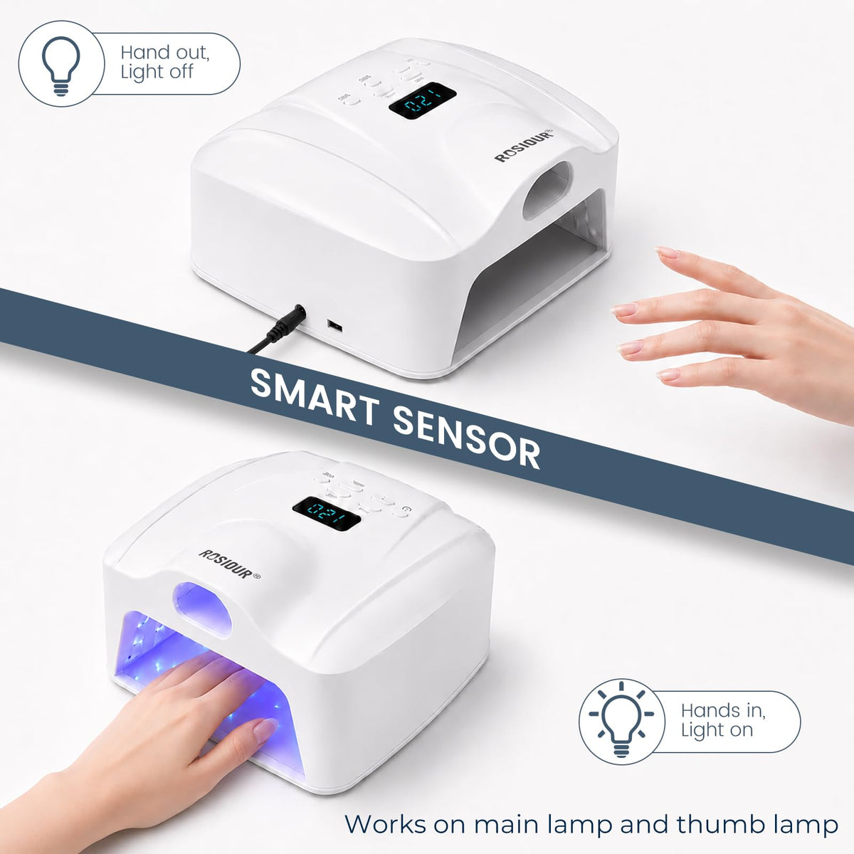 Vue latérale de la lampe à ongles Rosiour avec base amovible