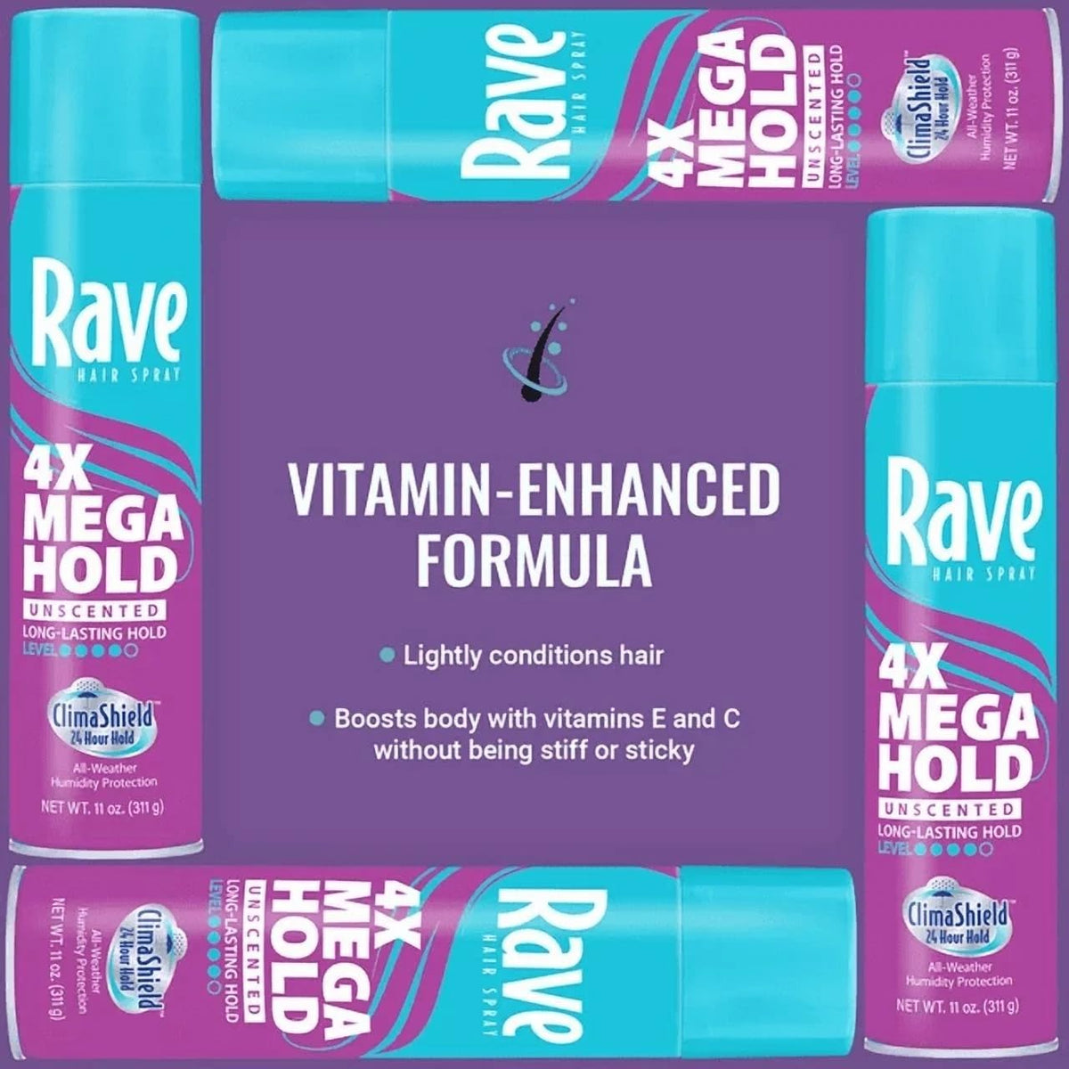 Vue latérale de la laque coiffante rave 4X Mega