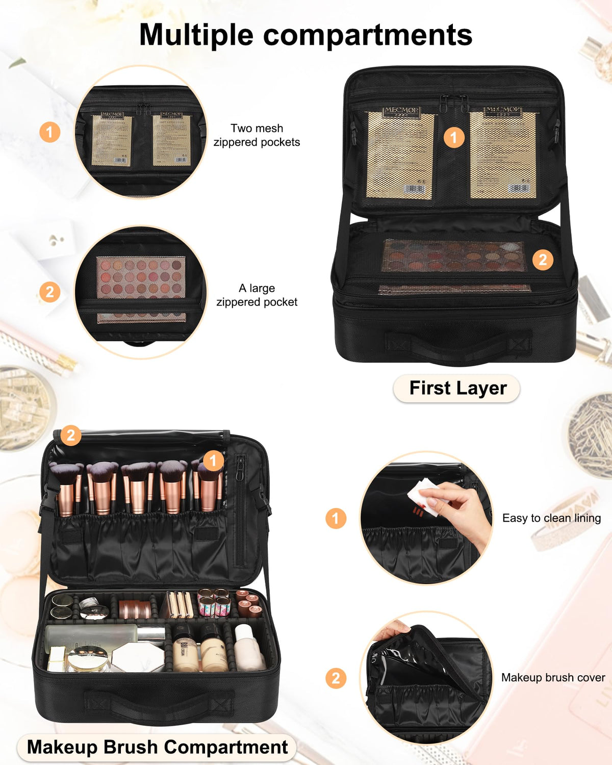 Vue latérale de la trousse de maquillage Relavel noire avec fermeture éclair