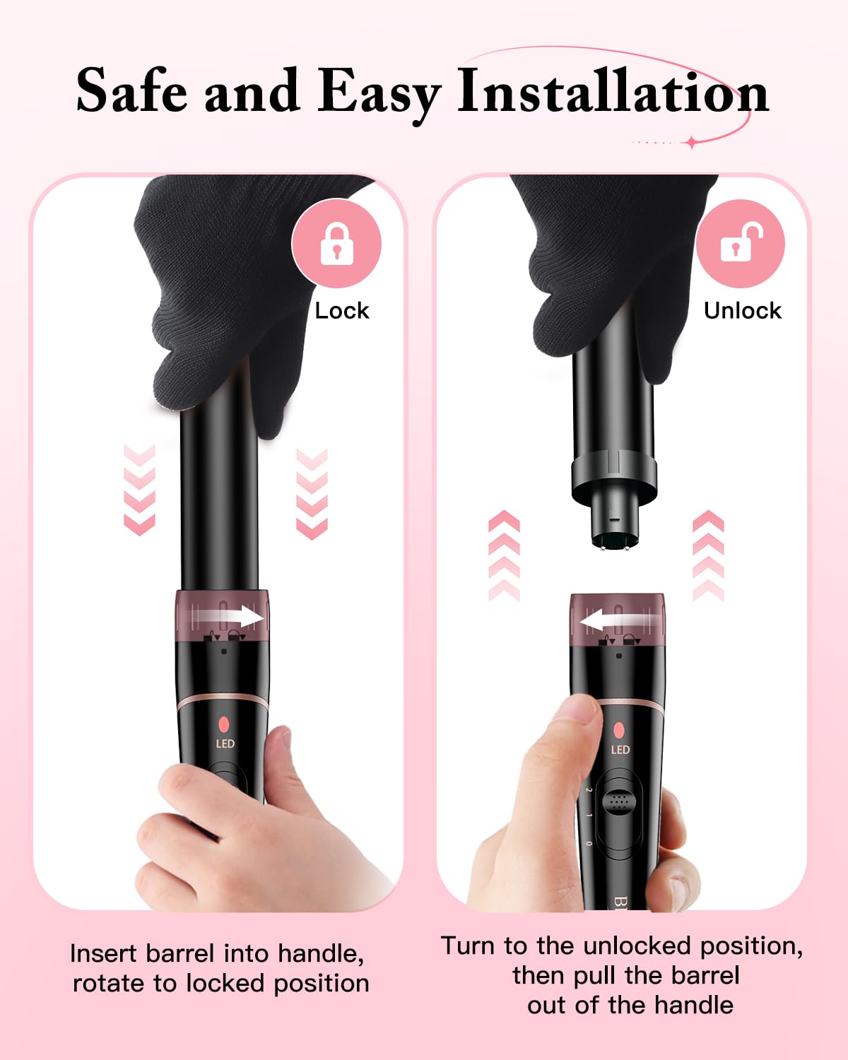 Vue latérale du fer à boucler BESTOPE PRO avec différents barils