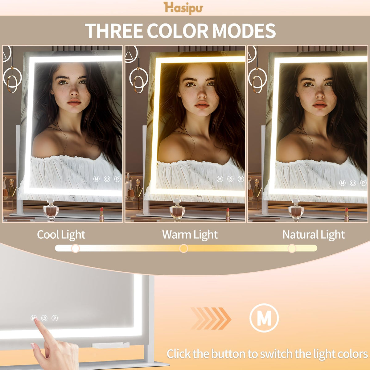 Vue latérale du miroir de maquillage Hasipu avec port USB