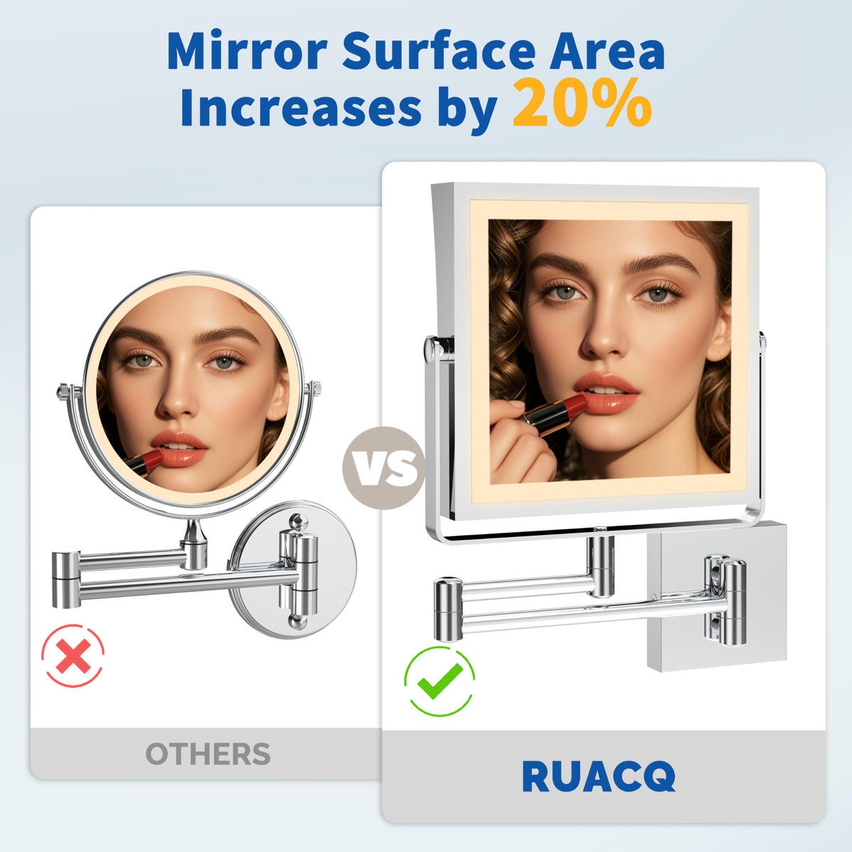Vue latérale du miroir de maquillage Ruacq avec lumière froide