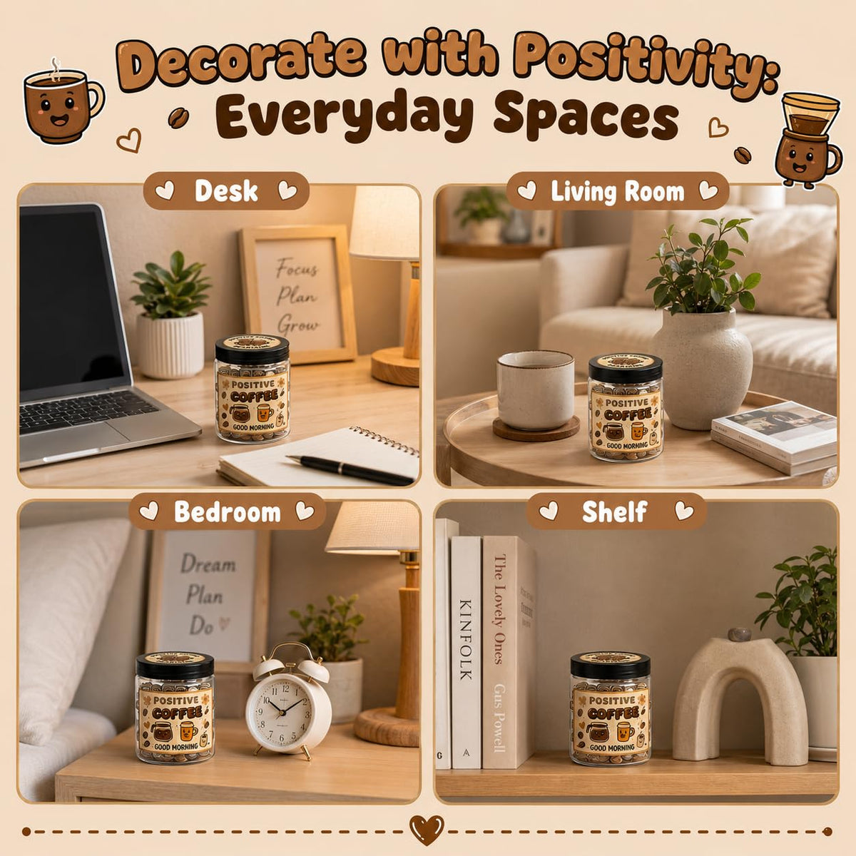 Vue latérale du Pot de Café Positif avec cartes d'affirmation colorées