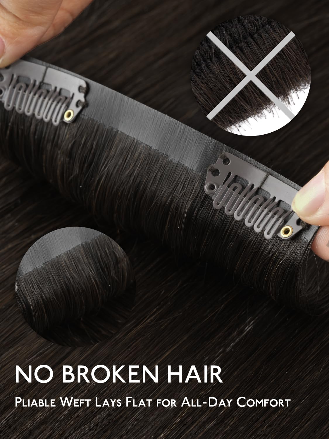 Vue rapprochée de la couture PU des extensions de cheveux Wennalife