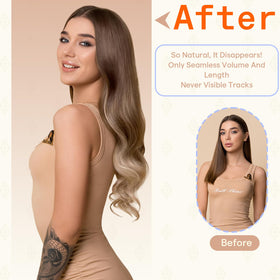 Vue rapprochée des bandes adhésives des extensions de cheveux Fshine