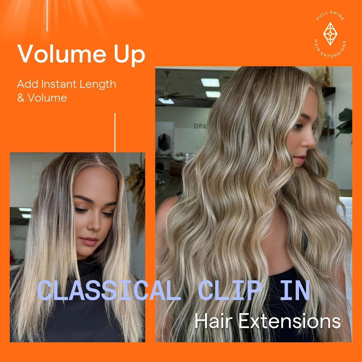 Vue rapprochée des mèches d'extensions de cheveux Full Shine