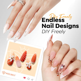 Vue rapprochée des tips d'ongles pré-poncés modelones