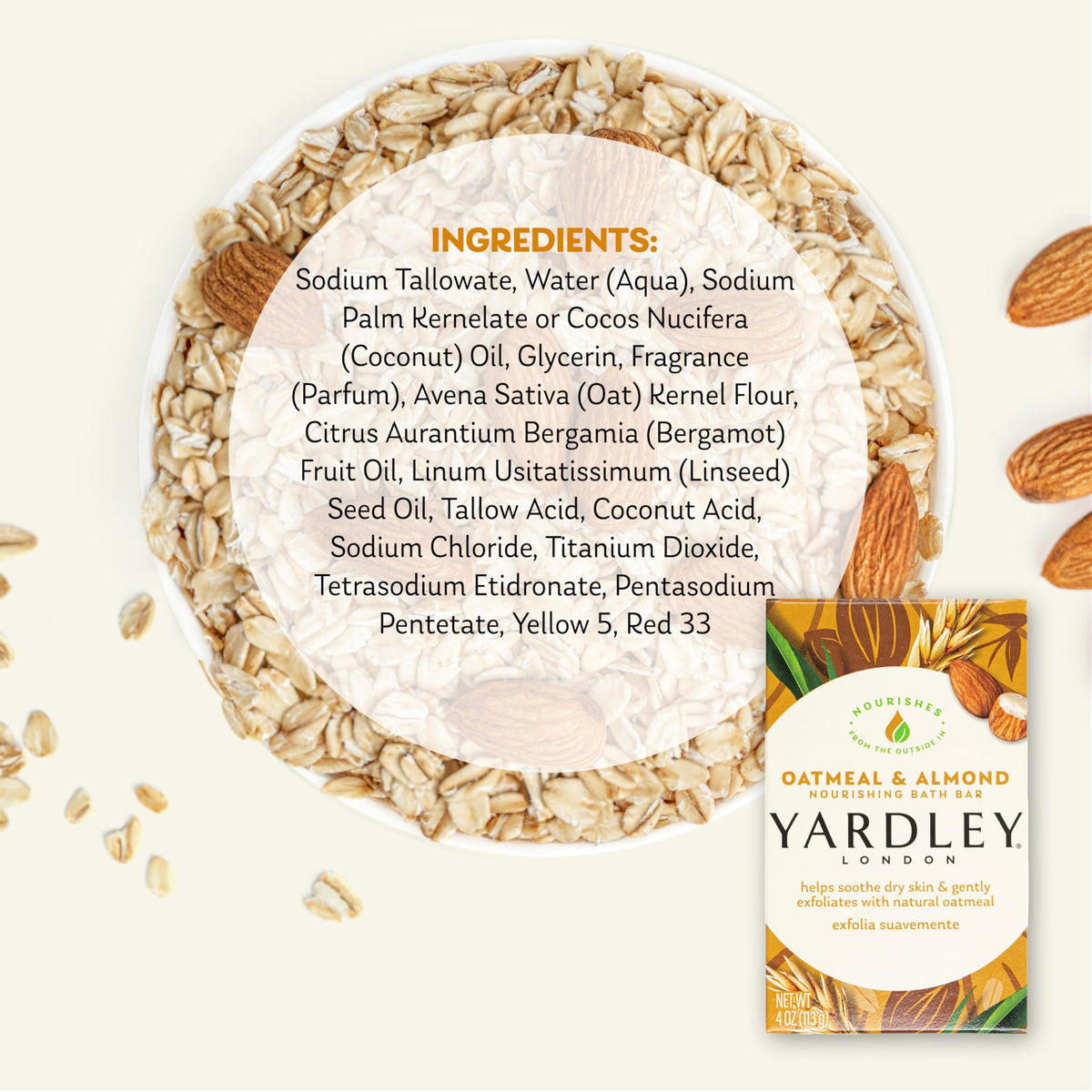 Vue rapprochée du savon Yardley avec grains d'avoine