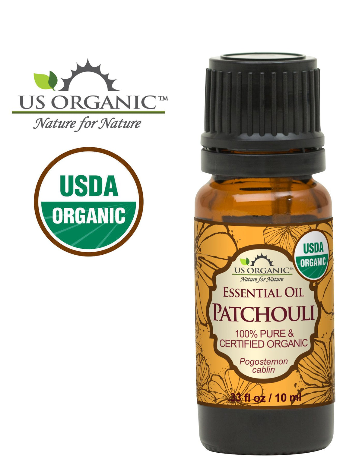Vues de l'emballage de l'huile essentielle de patchouli US Organic