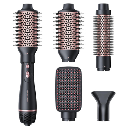 Wavytalk Brosse Sèche Cheveux 4-en-1 vue de face avec têtes interchangeables