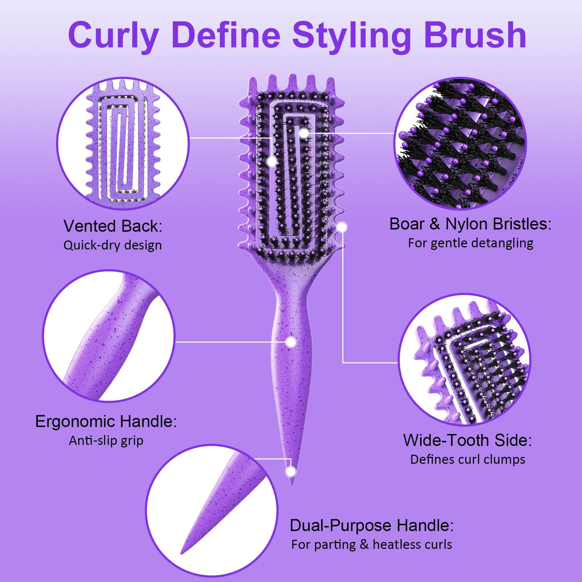 Weldilgit brosse à cheveux bouclés avec poils de sanglier vue de dos