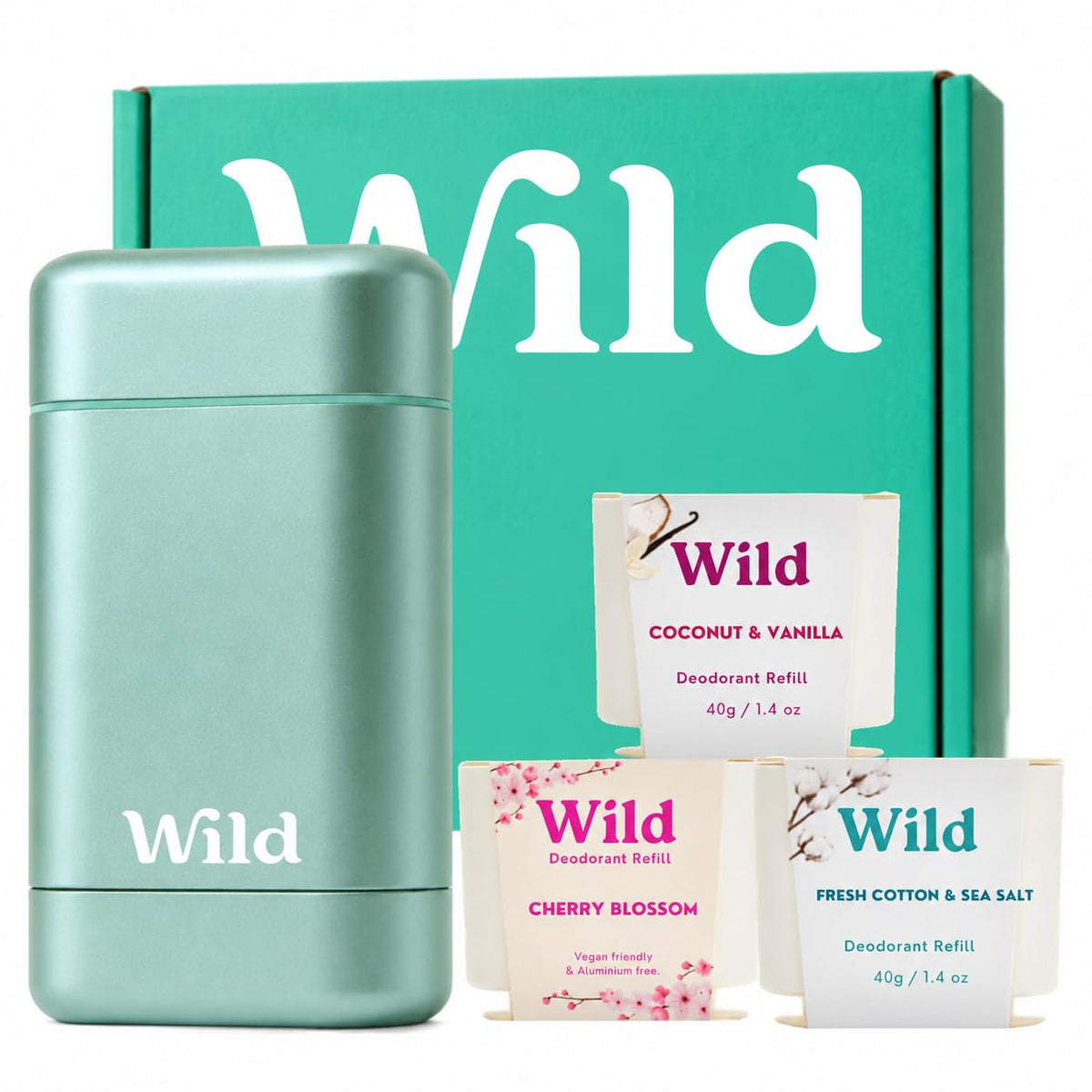 Wild Déodorant Naturel Rechargeable Kit avec étui Aqua et 3 recharges
