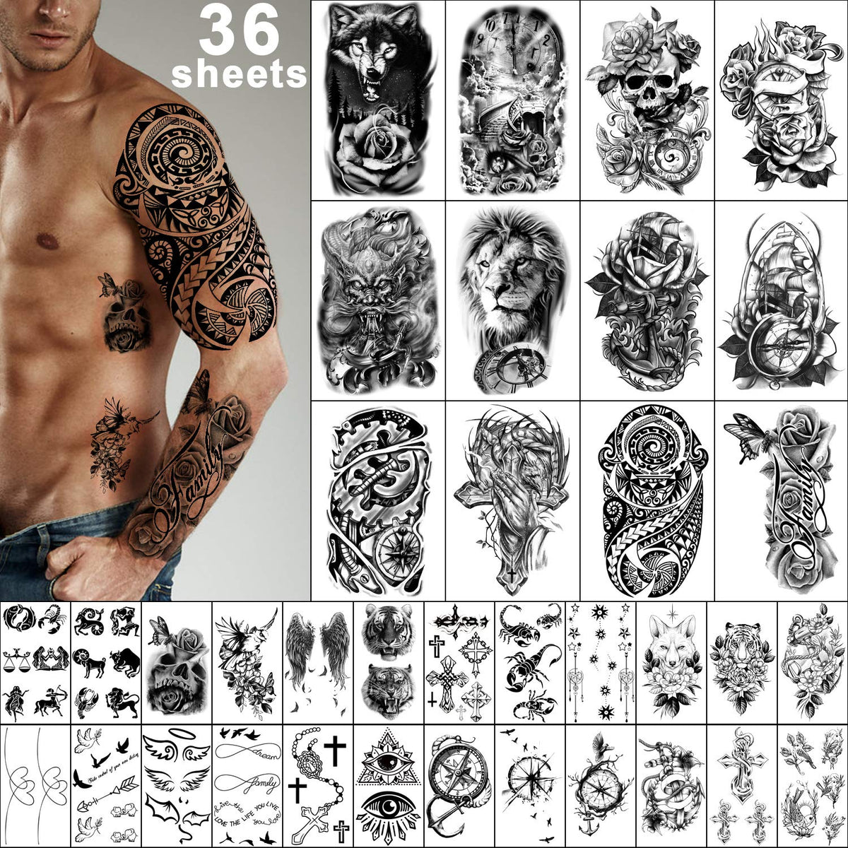 Yazhiji tatouages temporaires 36 feuilles taille grande