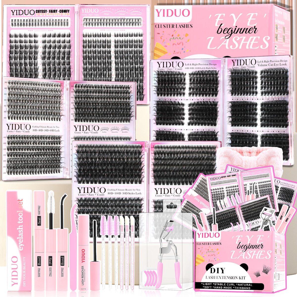YIDUO Kit de Faux Cils 1916Pcs vue de face avec tous les accessoires