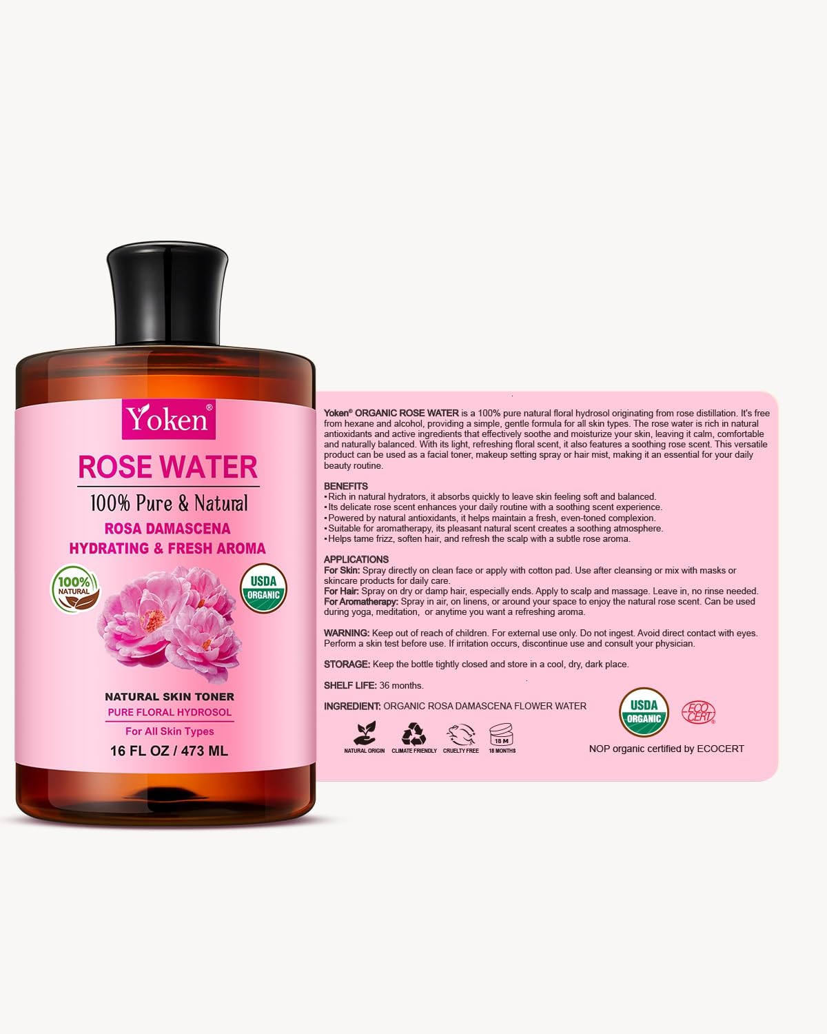 Yoken Eau de Rose Bio montrant le flacon et la texture de l'eau